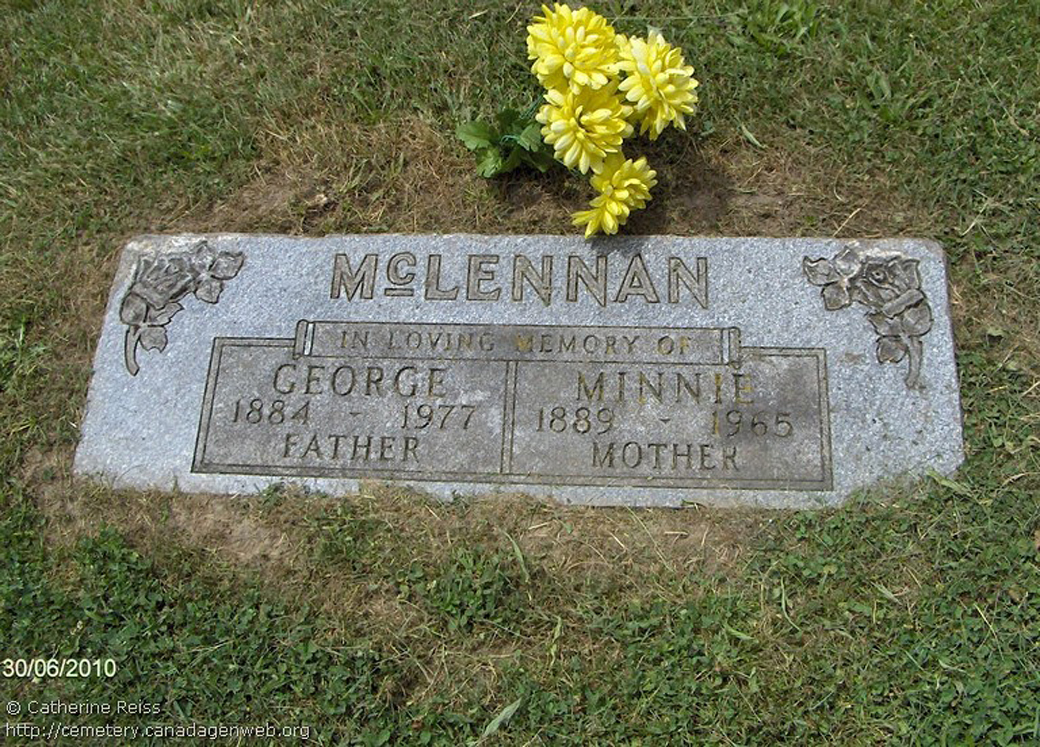 Photo of headstones/George McLennan died 1977 MI St Stephen's Cemetery, Elgin, Ontario